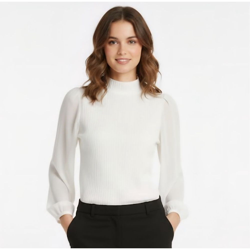 Marc New York White Ribbed Mock Neck Blouse Small